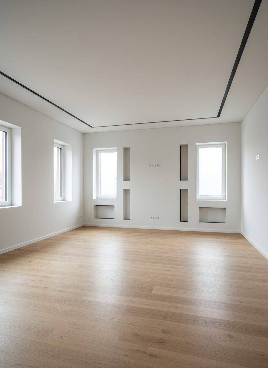 A pristine, newly finished living room interior showcasing professional drywall and interior finishing, with flawlessly smooth white walls, crisp shadow gaps at the ceiling, and cleanly framed window openings. The room features a light oak laminate floor laid in perfect parallel lines, with subtle wood grain visible. Built-in drywall niches with recessed LED strips line one wall, unlit for a neutral look. Soft, diffused daylight enters from large unseen windows, creating gentle, even illumination and mild shadows in corners. Photographic realism at eye level, wide-angle composition capturing the whole space with sharp focus throughout. The mood is clean, professional, and orderly, emphasizing craftsmanship, precision edges, and high-quality interior construction, ideal for a modern home in Erlangen or Herzogenaurach.