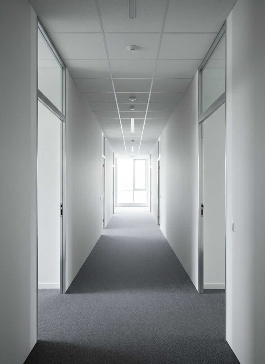 A high-end office interior created through professional Trockenbau, featuring glass-partition-ready drywall walls with precision metal door frames and perfectly aligned joints. The corridor shows multiple office entrances with clean, matte light-grey wall surfaces and a suspended acoustic ceiling with linear recessed lights. The floor is covered with freshly laid commercial-grade carpet tiles in a subtle dark graphite pattern, running straight and flush to the walls. The scene is lit by cool, even artificial lighting combined with soft daylight filtering from a distant window, creating a bright but calm atmosphere. Photographic realism from an eye-level perspective using a wide lens, with straight verticals and sharp focus. The mood is efficient, professional, and trustworthy, ideal to represent interior fit-out services for business clients.