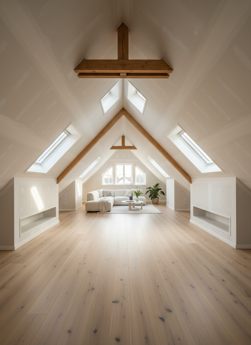 An elegant attic conversion showcasing expert Trockenbau in a complex roof geometry. Sloping ceilings and newly created drywall knee walls form a bright, cozy living space, with perfectly executed joints around skylight openings and structural beams. The surfaces are uniformly painted in warm white, while the floor is finished with wide, brushed oak planks that follow the room’s length. Discreet built-in storage niches are integrated into the low walls, their edges razor-straight. Late afternoon natural light pours in through the skylights, casting soft, elongated shadows that accentuate the angular architecture. Photographic realism with a slightly elevated wide-angle view, straight verticals, and a calm, airy atmosphere. The composition highlights both the craftsmanship of the drywall work and the inviting feel of the finished attic room.